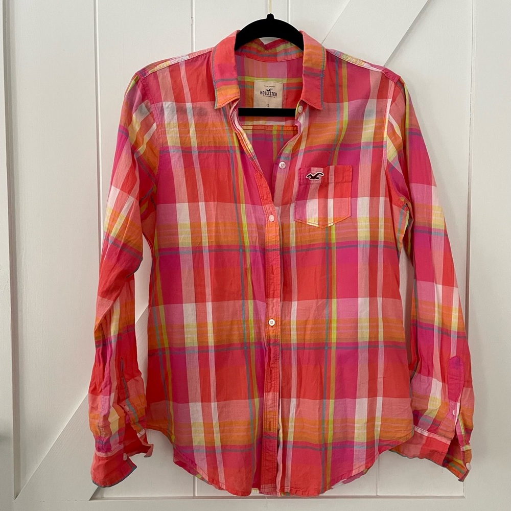 Hollister pink orange plaid button down shirt small